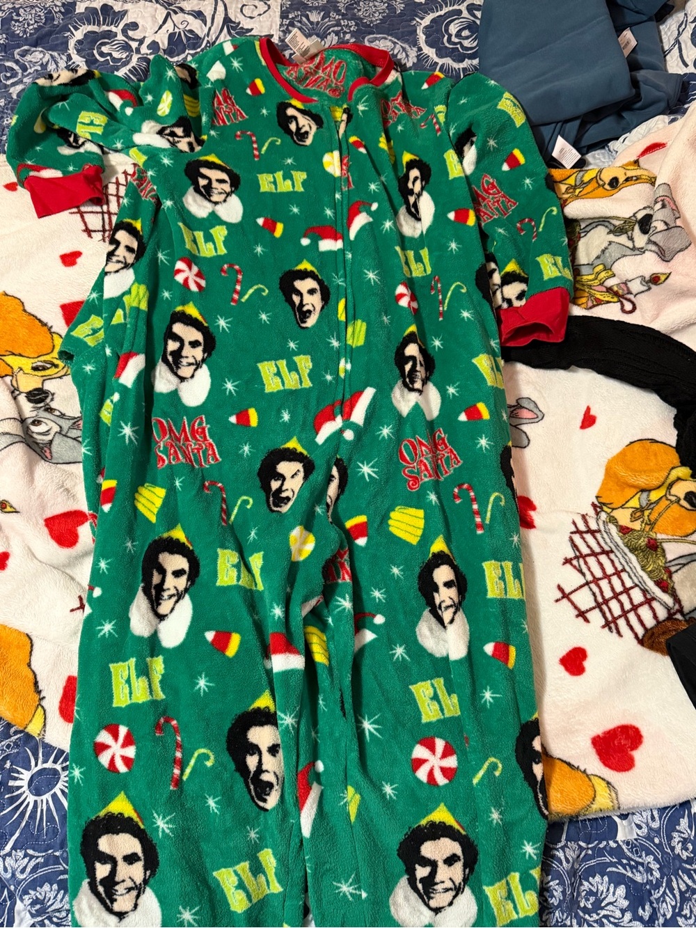 ELF Green Fleece Holiday Onesie with Red Cuff Accents